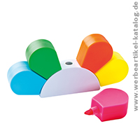 Textmarkerblume mit 5 farbigen Textmarkern, als Werbeartikel bedruckt mit Ihrem Logo. 