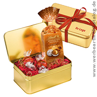 Goldbox No. 1 - Business Weihnachtsgeschenke mit Ihrer Werbung per Lasergravur, Tampondruck, Etikett oder Banderole