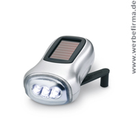Die kompakte Werbemittel Taschenlampe Dynasol hat Solar-und Dynamobetrieb. 