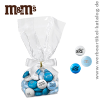 Personalisierte M&M’S® im Tütchen mit Schleife -mit bekannter Markenschokolade als kleines Geschenk für Kunden, Mitarbeiter und Geschäftspartner.
