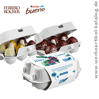 Ferrero Rocher Eier oder Kinder Bueno Eier im 6-er Ostereier Karton als süßes Werbegeschenk Ferrero Rocher Eier oder Kinder Bueno Eier im 6-er Ostereier Karton als süßes Werbegeschenk