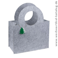 Tasche aus Filz in Grau, mit Tannenbaumanhänger, als ansprechende Verpackung für Ihre Weihnachtsgeschenke.