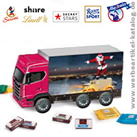 Adventskalender LKW, Motiv Crazy Santa, als Weihnachts Werbegeschenken, bedruckt in Ihrem Layout. 