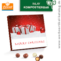 Adventskalender, leckere Werbeartikel Marken Süßigkeiten für Weihnachten, Motiv Geschenke im Schnee.