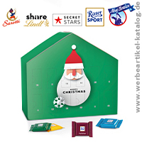 Adventskalender Haus, Motiv Weihnachtsmann mit Schneeflocke als Kundengeschenk Weihnachten, bedruckt mit Ihrem Logo.