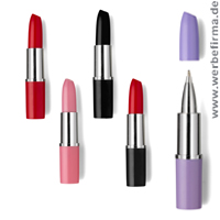 Glossy, Werbeartikel Kugelschreiber in Form eines Lippenstiftes.