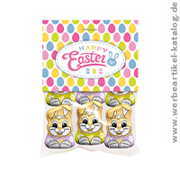 Gold Bunnies im Tütchen - Oster Werbegeschenk mit Ihrem Logo auf dem Reiter!