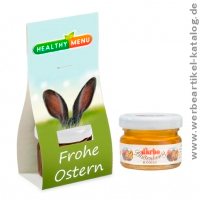 Honig in sympathischer Überreichverpackung mit großer Werbefläche. Honig in sympathischer Überreichverpackung mit großer Werbefläche.