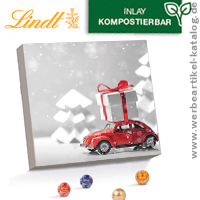 Lindt Mini Kugeln Adventskalender, Werbeartikel Weihnachten mit Standardmotiv Auto im Schnee.