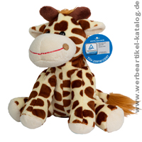 Lustige Plschtier Giraffe Gaby als Werbeartikel fr Kinder, mit Bedruckung.  