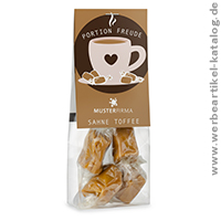 Naschbeutel Sahne Toffee, perfekter Werbeartikel zum Tee oder Kaffee. Naschbeutel Sahne Toffee, perfekter Werbeartikel zum Tee oder Kaffee.