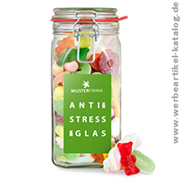 Anti Stress Naschglas, hochwertige süße Kundenpräsente mit Ihrem Logo! 