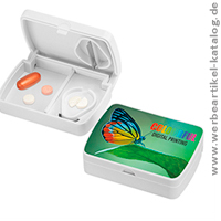 Pillendose mit Tablettenteiler, Werbeartikel für Pharma und Apotheken. Pillendose mit Tablettenteiler, Werbeartikel für Pharma und Apotheken.