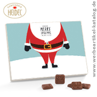 Premium Tisch Adventskalender, Motiv We Wish You Schnee - Schokoladen Adventskalender als Weihnachts Werbeartikel, bedruckt mit Ihrem Logo!