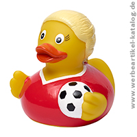 Quietsche-Ente Fußballerin, Werbeartikel Badeentchen, bedruckt mit Ihrem Logo. 