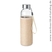 UTAH TOUCH - Werbemittel Trinkflasche aus Glas mit Schutzhülle aus Jute-Materialmix.