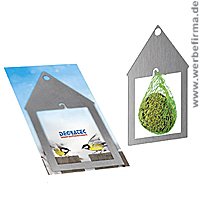 Vogelhaus - Winter Werbeartikel mit Meisenknödelhalter aus Edelstahl. Vogelhaus - Winter Werbeartikel mit Meisenknödelhalter aus Edelstahl.