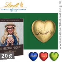 Werbeklappkarte mit Lindt Schokoladen Herz 20 g, als Werbeartikel nicht zur zum Valentinstag. 