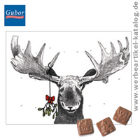 Classic Schoko Adventskalender Motiv Renntier und Mistelzweig, als Weihnachts Werbemittel mit Ihrem Logo.