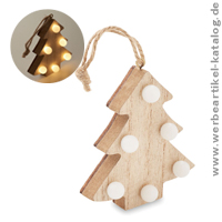 LULIE, Anhänger aus Holz in Form einer Tanne, als Werbeartikel Weihnachten mit Beleuchtung!