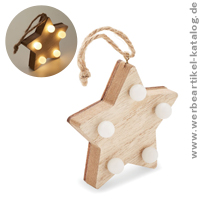 LALIE, Anhänger aus Holz in Form eines Sterns, als Werbeartikel Weihnachten mit Beleuchtung! 
