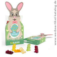 Fruchtgummi in Osterkartonage - süße Gummibärchen in Hasenverpackung als Oster Werbegeschenk mit Ihrem Logo! Fruchtgummi in Osterkartonage - süße Gummibärchen in Hasenverpackung als Oster Werbegeschenk mit Ihrem Logo!