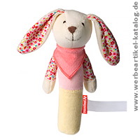 Greifling Hase mit Quietschfunktion - als Werbeartikel fr Kinder mit Ihrem Logo bedruckt. 