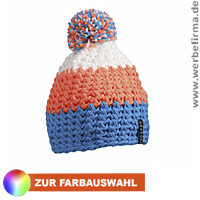 Angesagte Häkelmütze mit Bommel und Ihrer individuellen Werbung. Angesagte Häkelmütze mit Bommel und Ihrer individuellen Werbung.