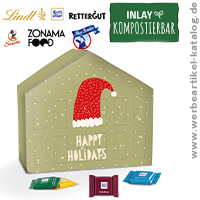 Adventskalender Haus, Motiv Happy Holidays als Kundengeschenk Weihnachten, bedruckt mit Ihrem Logo. 