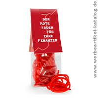 Naschbeutel Roter Faden, Süssigkeiten mit Werbung im Digitaldruck. Naschbeutel Roter Faden, Süssigkeiten mit Werbung im Digitaldruck.