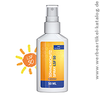 Transparentes Sonnenschutz-Spray 50 ml, Sommer Werbeartikel mit Ihrem eigenen Layout! 
