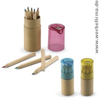 12 Buntstifte mit Bleistiftspitzer als Streuartikel für Kinder, bedruckt mit Ihrem Logo